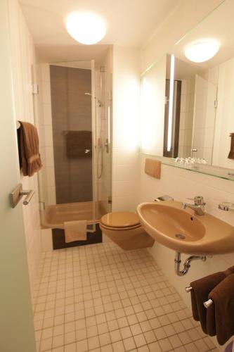 a bathroom with a sink and a toilet and a shower at Hotel und Gasthof Ritter St. Georg in Erlangen