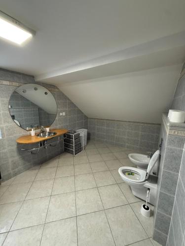 a bathroom with two toilets and a sink and a mirror at Levné a dostupné ubytovaní in Teplice