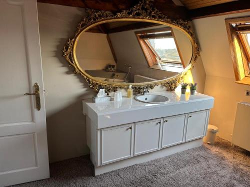 a bathroom with a sink and a mirror at Hotel Hooghuys in Hamont-Achel