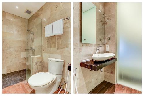 two pictures of a bathroom with a toilet and a sink at Collection O Legian Near Pantai Kuta Formerly Premium Legian in Legian