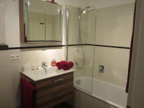 ein Badezimmer mit einem Waschbecken und einer Dusche mit einem roten Herz darauf in der Unterkunft Ferienwohnung Bäumchen in Höchenschwand