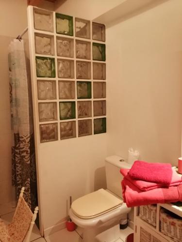 La salle de bains est pourvue de toilettes et de photos murales. dans l'établissement L atelier de PELLICA, à Lit-et-Mixe