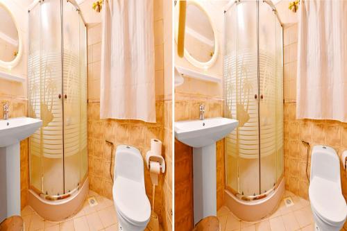 two views of a bathroom with two sinks and mirrors at Capital O 125 Moon Plaza Hotel in Manama