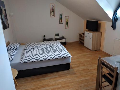 a bedroom with a bed and a television in it at Apartments Košević in Osijek