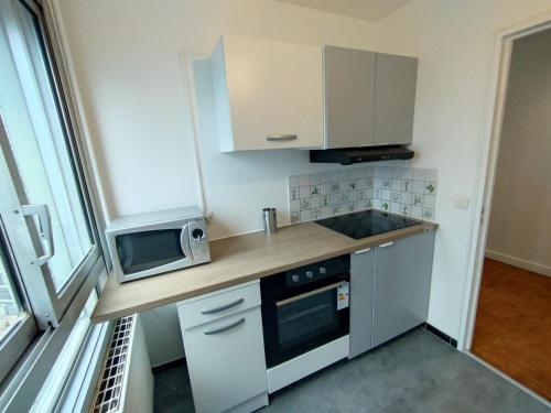 une cuisine avec un comptoir avec un micro-ondes dans l'établissement Cozy 1 bedroom Apartment La Defense, à Courbevoie