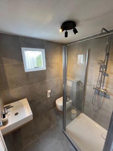 Un baño con ducha, inodoro y lavabo. en Waddenhuyske, en Hollum