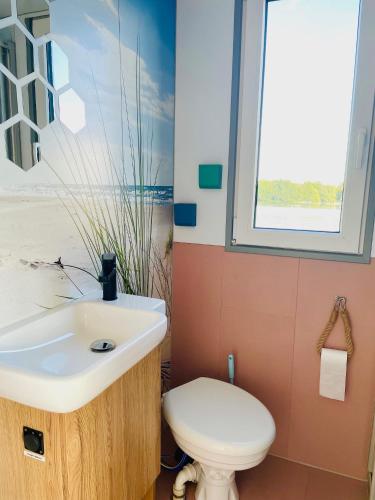 a bathroom with a sink and a toilet and a window at Hausbootneuruppin in Neuruppin