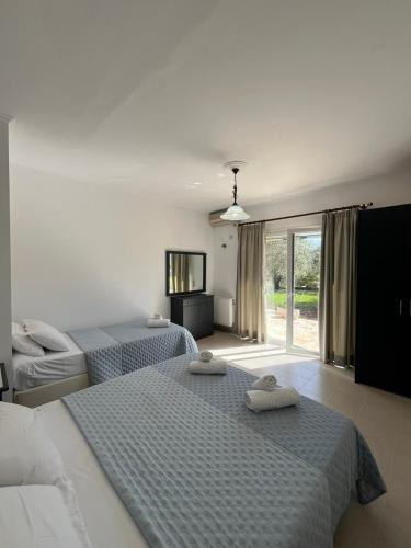 a bedroom with two beds and a large window at Kouris Apartment Garden View in Chlomatianá