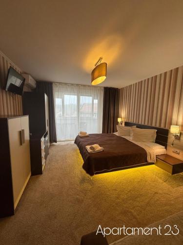 a hotel room with a bed and a television at Apartamente Felix in Baile Felix