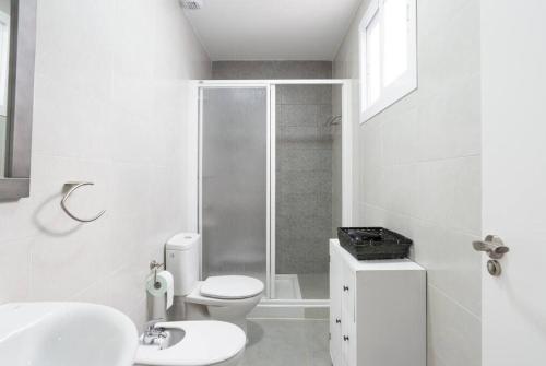 a white bathroom with a toilet and a shower at Teatro Plaza Apartments in Málaga