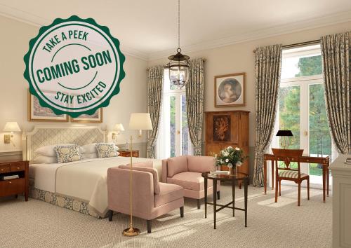 a hotel room with a bed and a sign that reads coming soon stay better at Brenners Park Hotel & Spa, Oetker Hotels in Baden-Baden