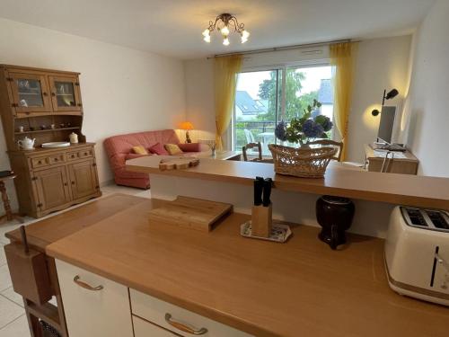 Il dispose d'une cuisine et d'un salon avec un évier et un canapé. dans l'établissement T3 à Sarzeau : Terrasse, Ascenseur, Parking, Internet - FR-1-775-3, à Sarzeau