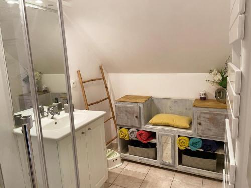 a small bathroom with a sink and a shower at Gîte confortable avec Wi-Fi, proche Zoo de Beauval et châteaux de la Loire - FR-1-491-458 in Meusnes