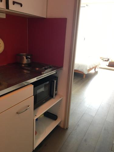 une cuisine avec une cuisinière et un micro-ondes dans l'établissement Studio 0233, Port Camargue, Piscine, WiFi, Parking, 2 personnes, au Grau-du-Roi