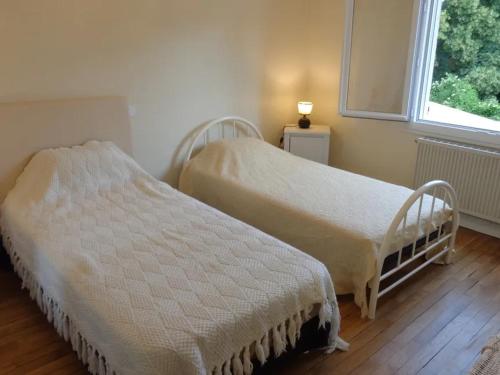 two beds in a room with a window at Les vignes de la Bouvinerie in Montlouis-sur-Loire