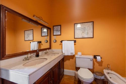 une salle de bains avec lavabo, toilettes et miroir dans l'établissement Casa d' Alem, à Mesão Frio