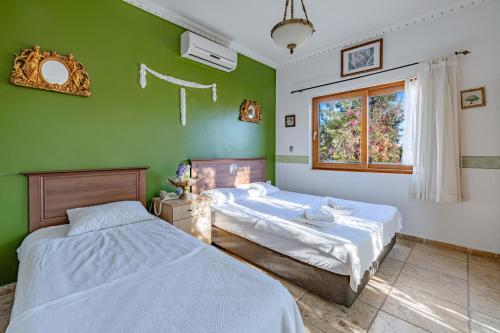 two beds in a room with green walls at Casa Roma Boutique Hotel in Bodrum City