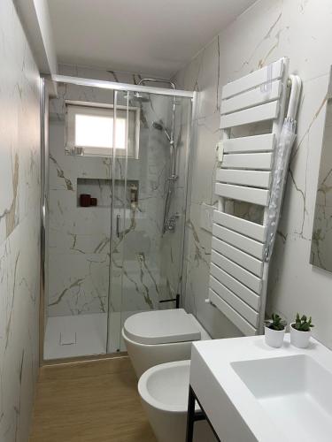 a bathroom with a shower and a toilet and a sink at Magici Sogni-Bordighera in Bordighera