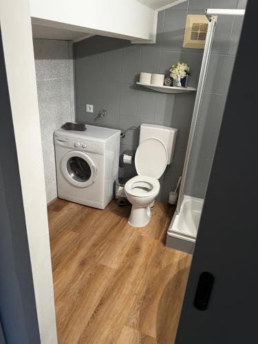 a small bathroom with a toilet and a washing machine at MaHome Apartments in Lofer