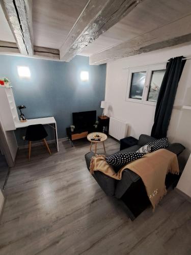 a living room with a couch and a table at Magnifique F2 du bien être in Besançon