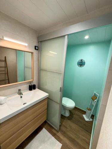 a bathroom with a sink and a toilet at Studio vue mer avec piscine - Le Diamant in Le Diamant