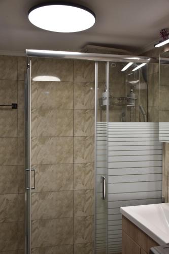 a bathroom with a shower with a glass door at Niki's cozy apartment in Mytilene