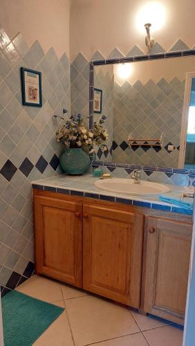 une salle de bain avec un lavabo et un miroir dans l'établissement 2 pièces accès direct plage, à Sainte-Lucie de Porto-Vecchio