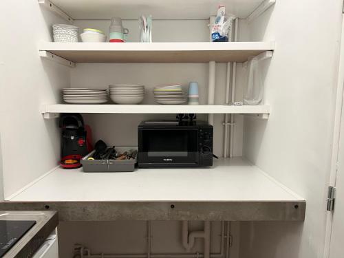 un micro-ondes posé sur une étagère dans une cuisine dans l'établissement Vert Gallant - Ultra Central - Parking public - Lumineux, à Arras