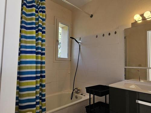 une salle de bain avec un rideau de douche et un lavabo dans l'établissement Vue mer - Studio - Parking - Wifi, à Saint-Raphaël