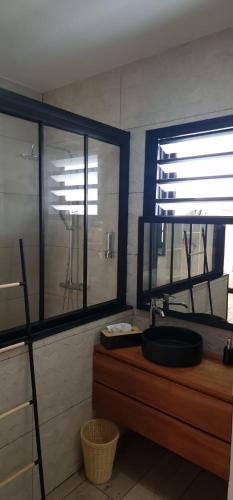 a bathroom with a sink and a mirror and windows at Chalet 3 romantique avec jacuzzi in Saint-Louis