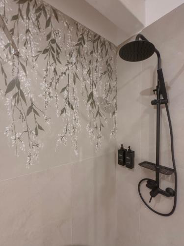 a shower in a bathroom with a shower curtain at B&B Olea Tarsia in Tarsia
