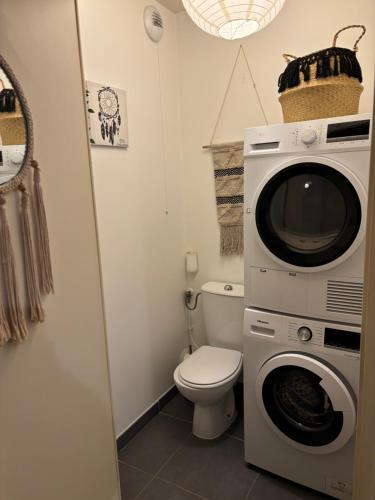 a bathroom with a toilet and a washer and dryer at Appart cosy in La Seyne-sur-Mer