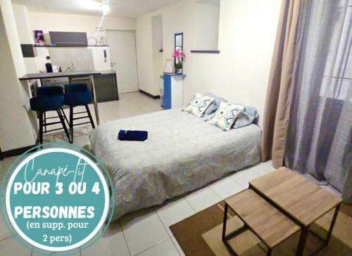a small bedroom with a bed and a kitchen at Agréable t2 calme centre-ville Cahors in Cahors