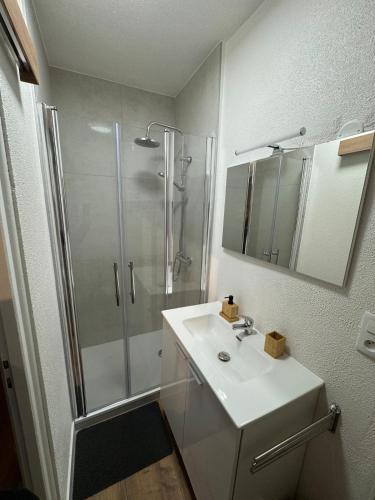 une salle de bain blanche avec une douche et un lavabo dans l'établissement Appartement centre ville, à Lure