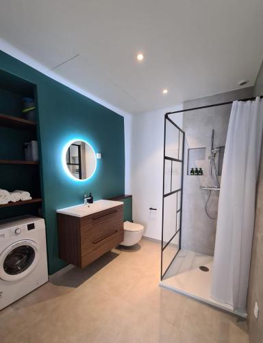 une salle de bain avec douche et machine à laver dans l'établissement 2 Bedrooms 5 min walk to Croisette, à Cannes