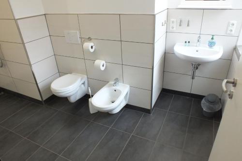 a bathroom with a toilet and a sink at Pension Markgrafenmühle in Cottbus