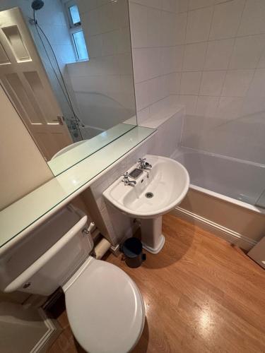 un bagno con lavandino, WC e specchio di Central Stow Bakehouse Flat a Stow on the Wold