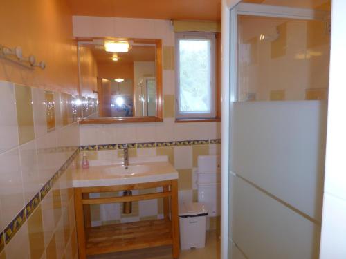 une salle de bain avec un lavabo et un miroir dans l'établissement Gîte belle Rîve, à Vauville