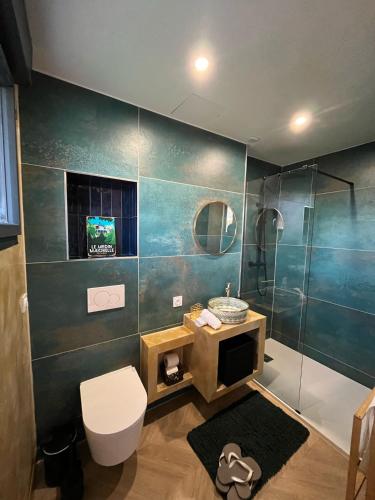 une salle de bain avec une douche, des toilettes et un lavabo dans l'établissement Appartement Balnéothérapie, à Cenon