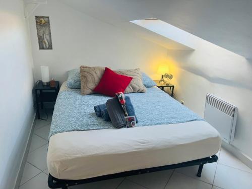 - un lit avec un oreiller rouge dans l'établissement Évasion Romantique sous les Toits Au Coeur du Vieux Nice, à Nice