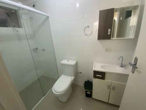a bathroom with a toilet and a shower and a sink at Apto climatizado 302 centro de Piratuba SC in Piratuba