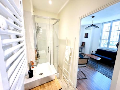 La salle de bains est pourvue d'une douche et d'un lavabo blanc. dans l'établissement Superbe appartement centre ville, parking gratuit, à La Rochelle