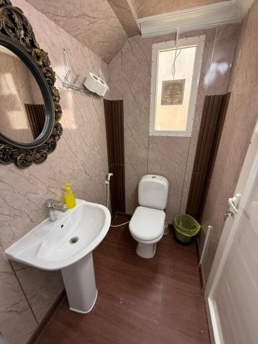 a bathroom with a sink and a toilet and a mirror at the farm break in Madīnat Zāyid