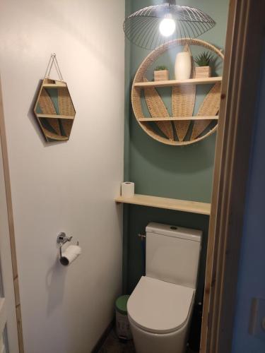 une salle de bain avec des toilettes avec une étagère au-dessus dans l'établissement La Perlilounette, à Le Porge