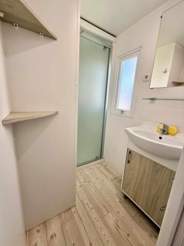 une salle de bain avec un lavabo et un miroir dans l'établissement Mar Estang 4 étoiles Camping mobile home, à Canet