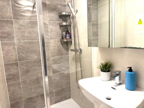 a bathroom with a shower with a sink and a mirror at Panorama House, Delightful 2-Bedroom Flat 1, Oxford in Oxford