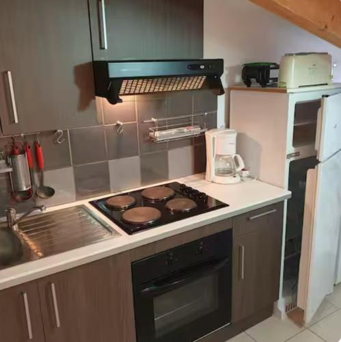 Il comprend une cuisine équipée d'une cuisinière. - un four supérieur à côté d'un réfrigérateur dans l'établissement Appartement Paglia Orba Rivière & maquis, à Manso