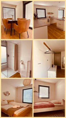 a collage of photos of a room with a table at AlbLoft - Modernes neues Apartment nahe City & Alb für bis zu 6 Personen in Kirchentellinsfurt in Kirchentellinsfurt