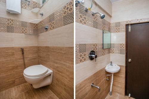 two pictures of a bathroom with a toilet and a sink at Hotel O Varcity Emerald Near Ragigudda Sri Prasanna Anjaneyaswamy Temple in Bengaluru