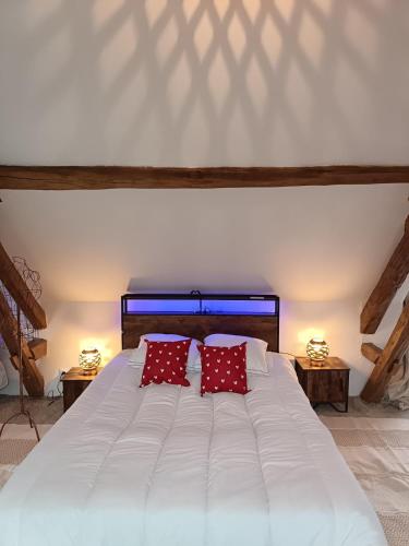 a white bed with two red pillows on it at La Taverne de la Zibetterie in Saint-Privé